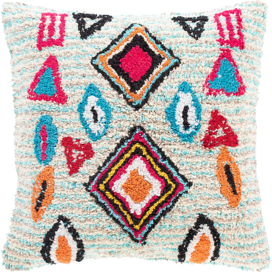 Settat Pillow - 26539 by Surya in blue, aqua, black, orange, pink, cream. Made from front: 60% cotton, 40% polyester, back: 100% cotton in a traditional style.