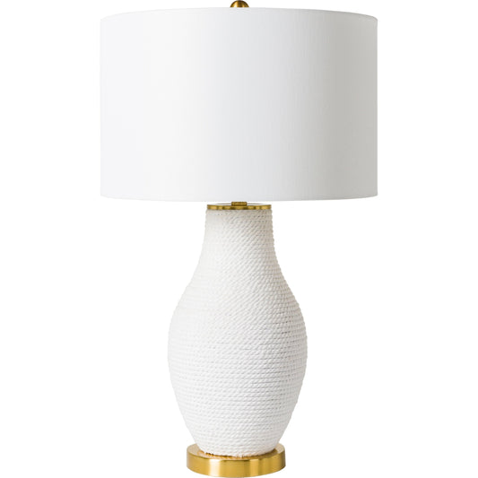 Steve - 32544 by Surya in yellow, white, gold, translucent, metallic brass and platedtexturedplated. Made from shade (outside): linen, shade (inside): polyester, body: cotton, body: resin, base: metal, finial: metal, harp: i