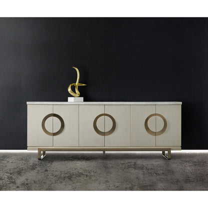 Noelle Credenza by Hooker Furniture in cream. Made from engineered veneers, metal, volakas white marble in a modern style.