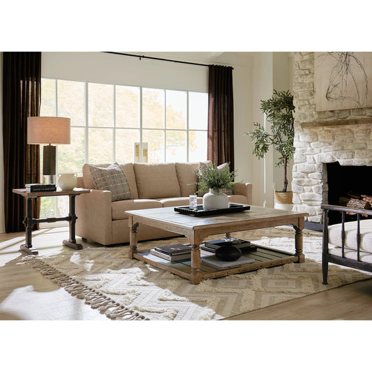 Americana Trestle End Table by Hooker Furniture in black and molasses finish. Made from oak veneers with solid-wood edge top in a modern style.