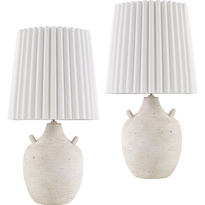Sunken Indoor/Outdoor White Accent Table Lamp (Set of 2) by Livabliss in body: cream; shade: white; cord: translucent and painted. Made from ceramic, linen, polyester in a transitional style.