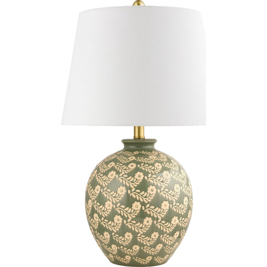 Supino Accent Table Lamp by Surya in dark green. Made from ceramic, linen, polyester, iron in a eclectic & global style.