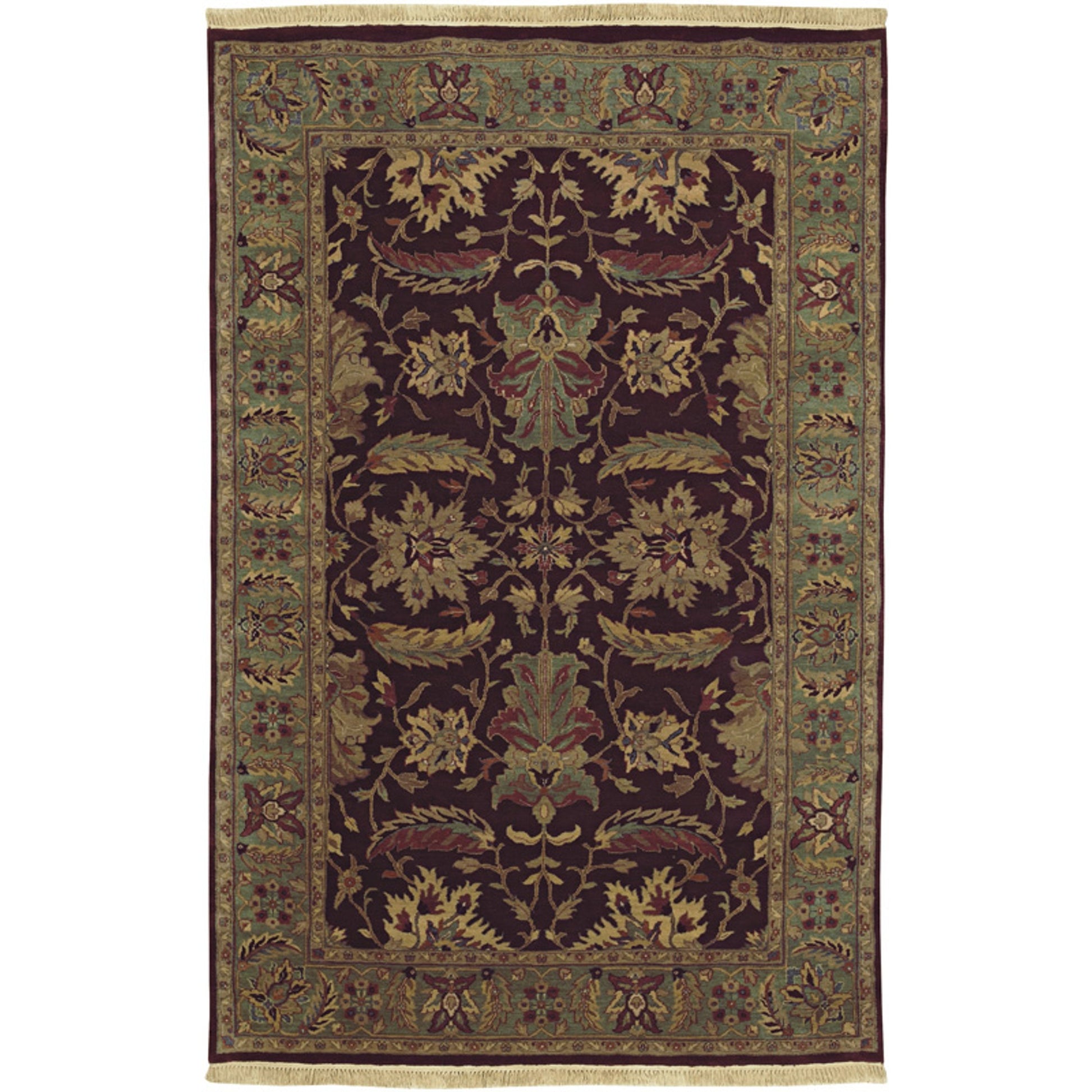 Taj Mahal Rug - 12106 by Surya in burgundy, grass green, mustard, light brown, camel, wheat. Made from 100% semi-worsted new zealand wool in a unique style.