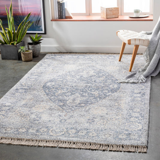 Sivas Rug - 26031 by Surya in pale blue, navy, beige. Made from 40% viscose, 35% polyester, 25% cotton in a unique style.