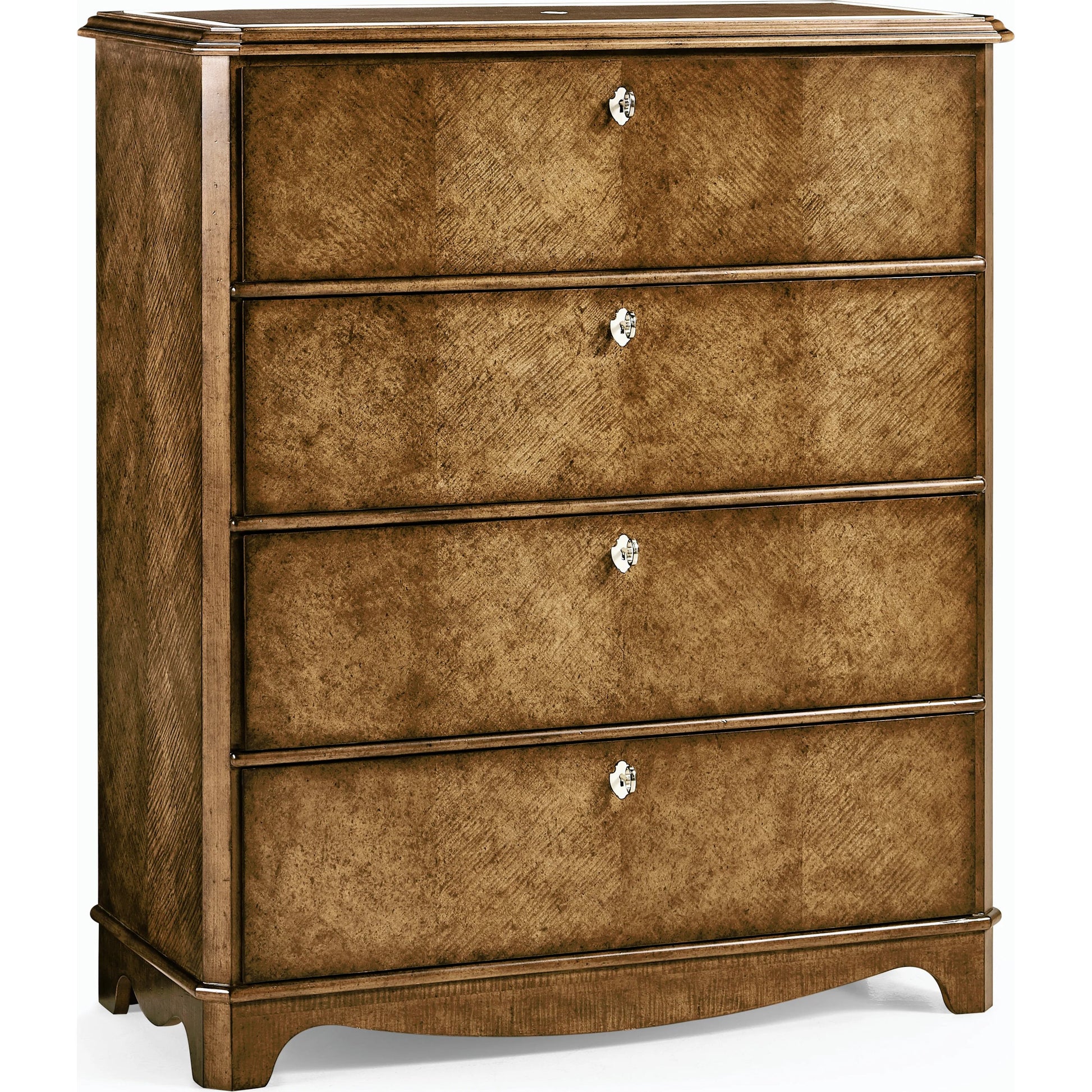 Eastcote Chest of Drawers by Jonathan Charles in brown and sycamore carmel brown. Made from solid maple, sycamore quartered veneer, faux bone, metal in a modern style.