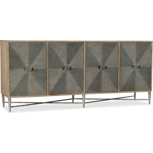 Zola Credenza by Hooker Furniture in natural, gray. Made from elm, maple, black walnut veneers with metal base in a modern style.