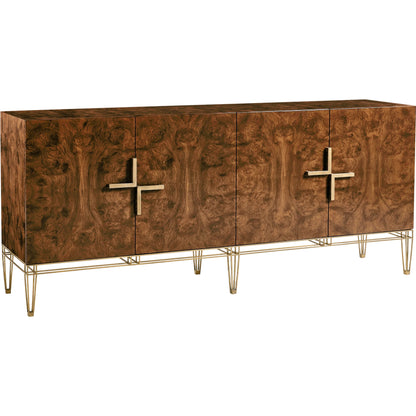 Xo Sideboard by Jonathan Charles in brown and walnut burl, bronze. Made from walnut burl, stainless steel, brass in a modern style.