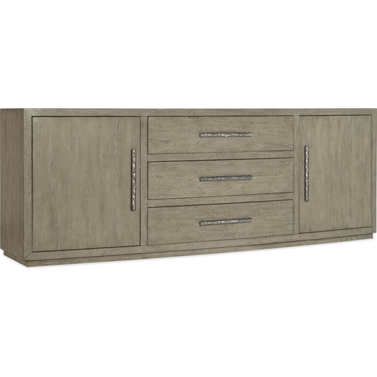 Linville Falls Entertainment Console by Hooker Furniture in mink, antique pewter. Made from oak veneers in a modern style.