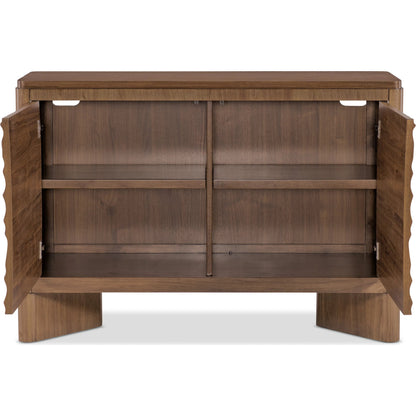 Eleana Two Door Chest by Hooker Furniture in light caramel, quartered walnut veneers, sunlit bronze metal. Made from walnut veneers, resin in a modern style.