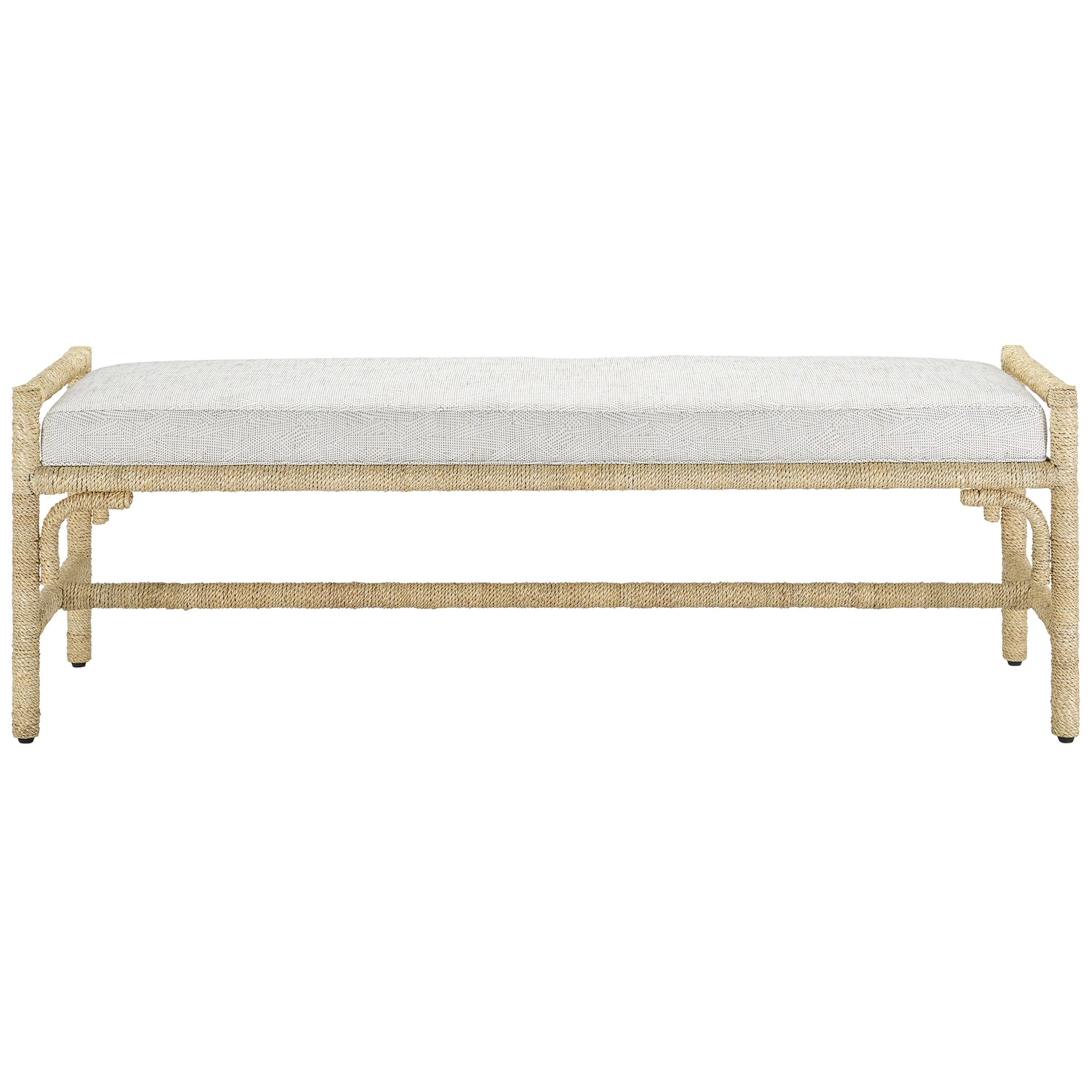 Olisa Bench by Currey and Company in pearl. Made from abaca rope, wrought iron, fabric in a coastal style.