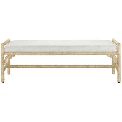 Olisa Bench by Currey and Company in pearl. Made from abaca rope, wrought iron, fabric in a coastal style.