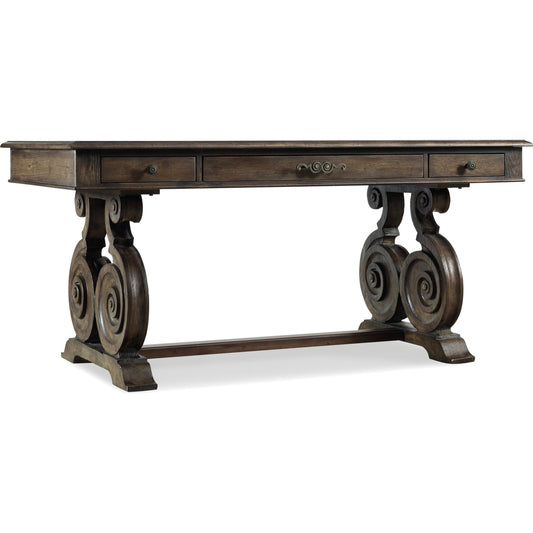 Rhapsody Writing Desk by Hooker Furniture in rustic walnut. Made from pecan, hickory, ash, black walnut, maple veneers with resin in a traditional style.