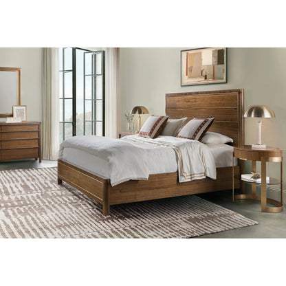 Eleana Oval Nightstand by Hooker Furniture in light caramel, quartered walnut veneers, sunlit bronze metal. Made from walnut veneers, metal, glass in a modern style.
