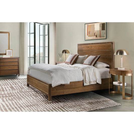 Eleana Panel Bed by Hooker Furniture in light caramel, sunlit bronze metal. Made from walnut veneers in a modern style.