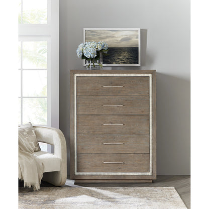 Serenity Five Drawer Chest by Hooker Furniture in malibu, champagne. Made from oak veneers, cedar, resin, felt in a modern style.