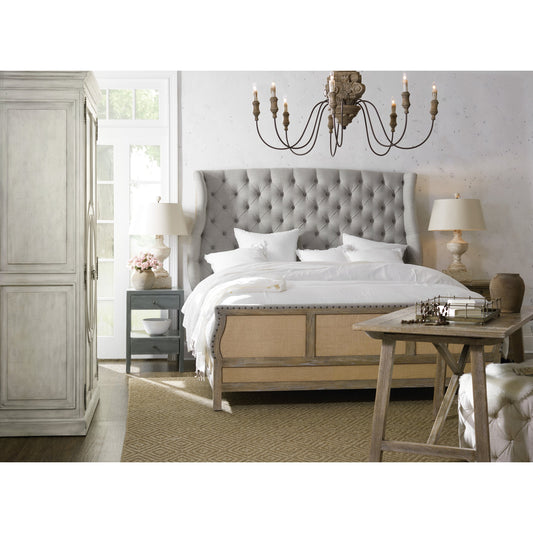 Bon Vivant Bed by Hooker Furniture in grey and light brown, soft gray. Made from white oak veneers, burlap, fabric, nailheads in a cottage & farmhouse style.