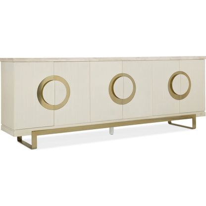 Noelle Credenza by Hooker Furniture in cream. Made from engineered veneers, metal, volakas white marble in a modern style.