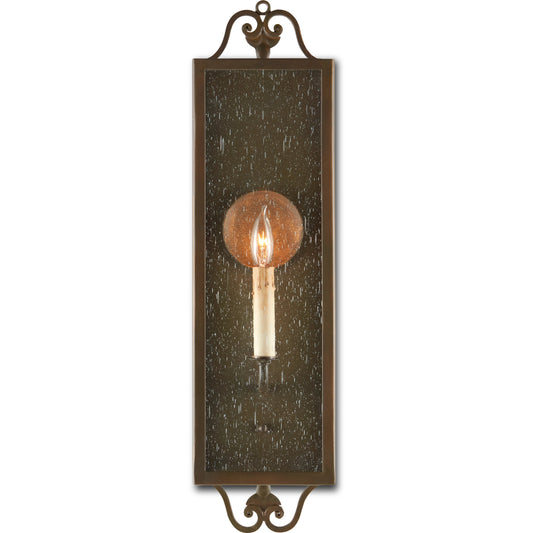 Wolverton Wall Sconce 1L by Currey and Company in bronze verdigris. Made from wrought iron, glass in a traditional style.