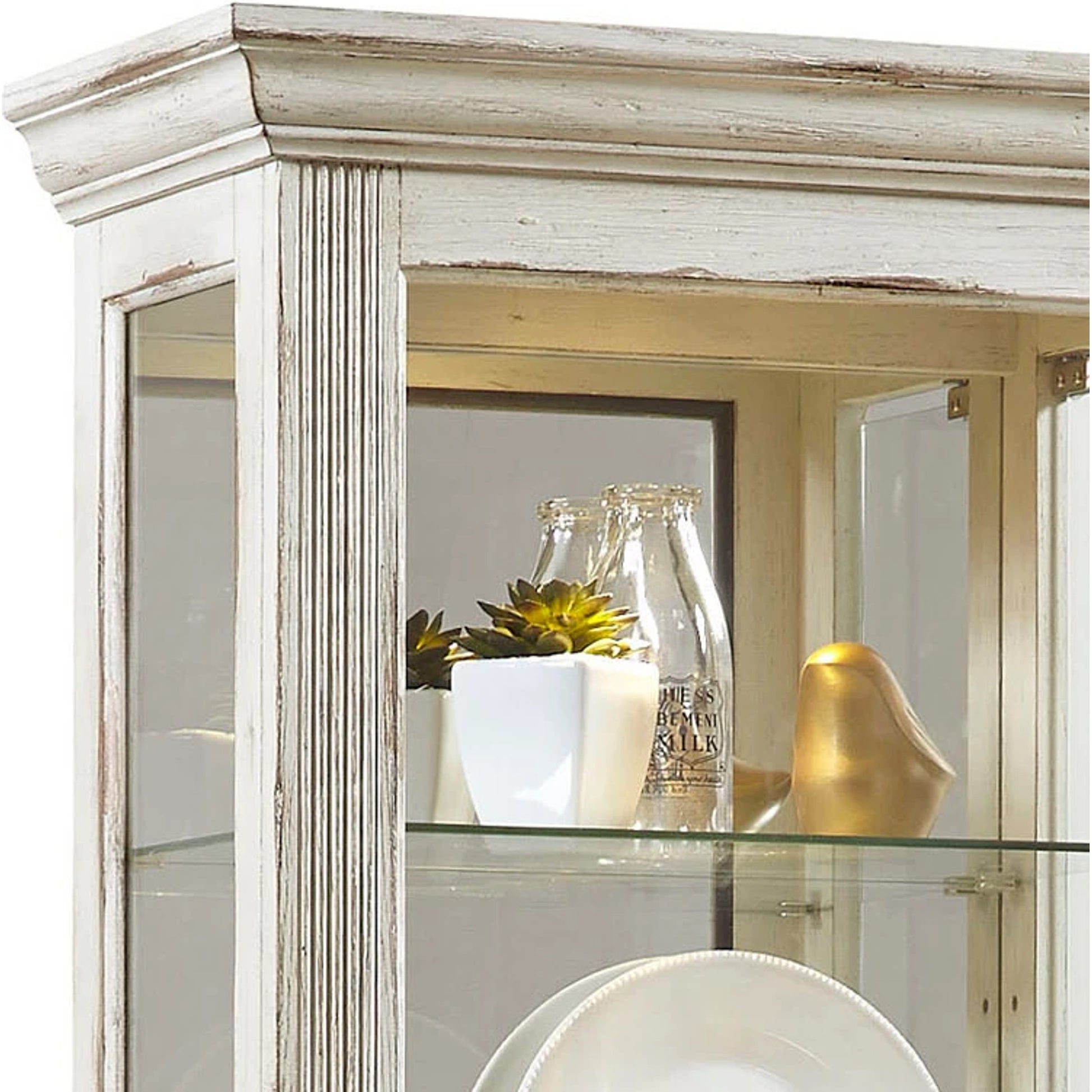 Single Side Entry Curio by Pulaski Furniture in distressed, white paint. Made from select hardwoods, oak veneers in a modern style.