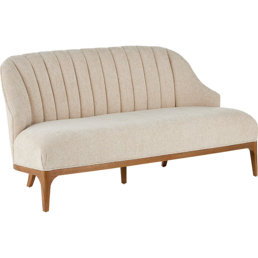 Inga Settee by Currey and Company in morel brown. Made from solid white oak, crhom nona oatmeal in a modern style.