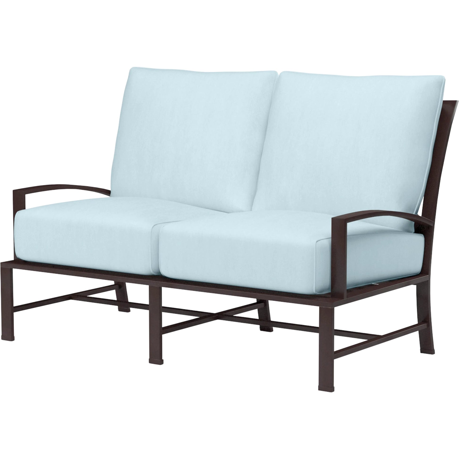 La Jolla Outdoor  Loveseat by Sunset West in browns. Made from aluminum in a modern style.