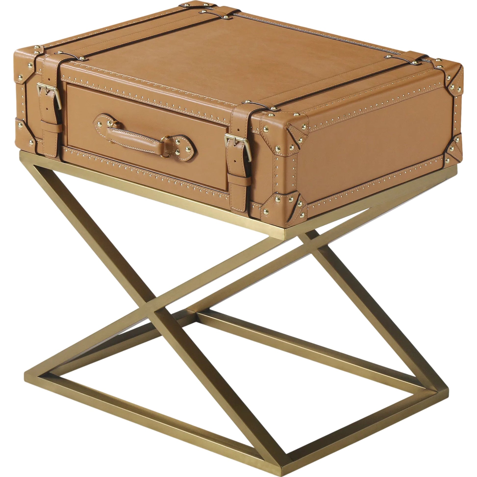 Carlo Side Table by Zentique in mulberry brown, brush gold steel and brown. Made from steel, full top grain leather in a unique style.