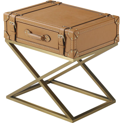 Carlo Side Table by Zentique in mulberry brown, brush gold steel and brown. Made from steel, full top grain leather in a unique style.