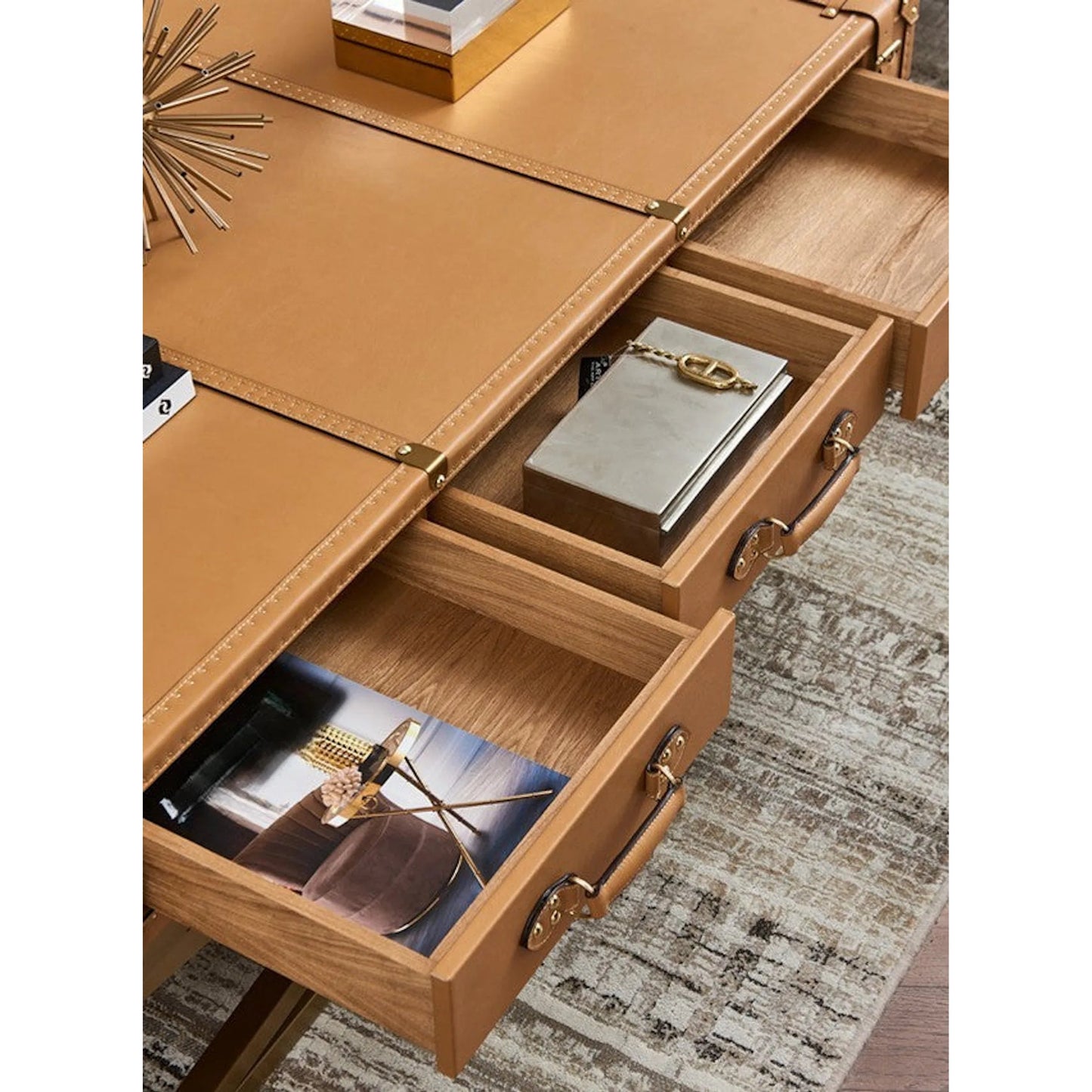 001 SI-2633356 | Additional Silo | Carlo Coffee Table by Zentique in mulberry brown and brown. Made from steel, top grain leather in a unique style.