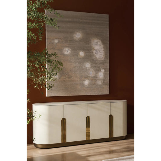 Tangier Sideboard by Caracole in burnished adobe, lucent bronze metallic paint. Made from asian hardwood, birch in a unique style.