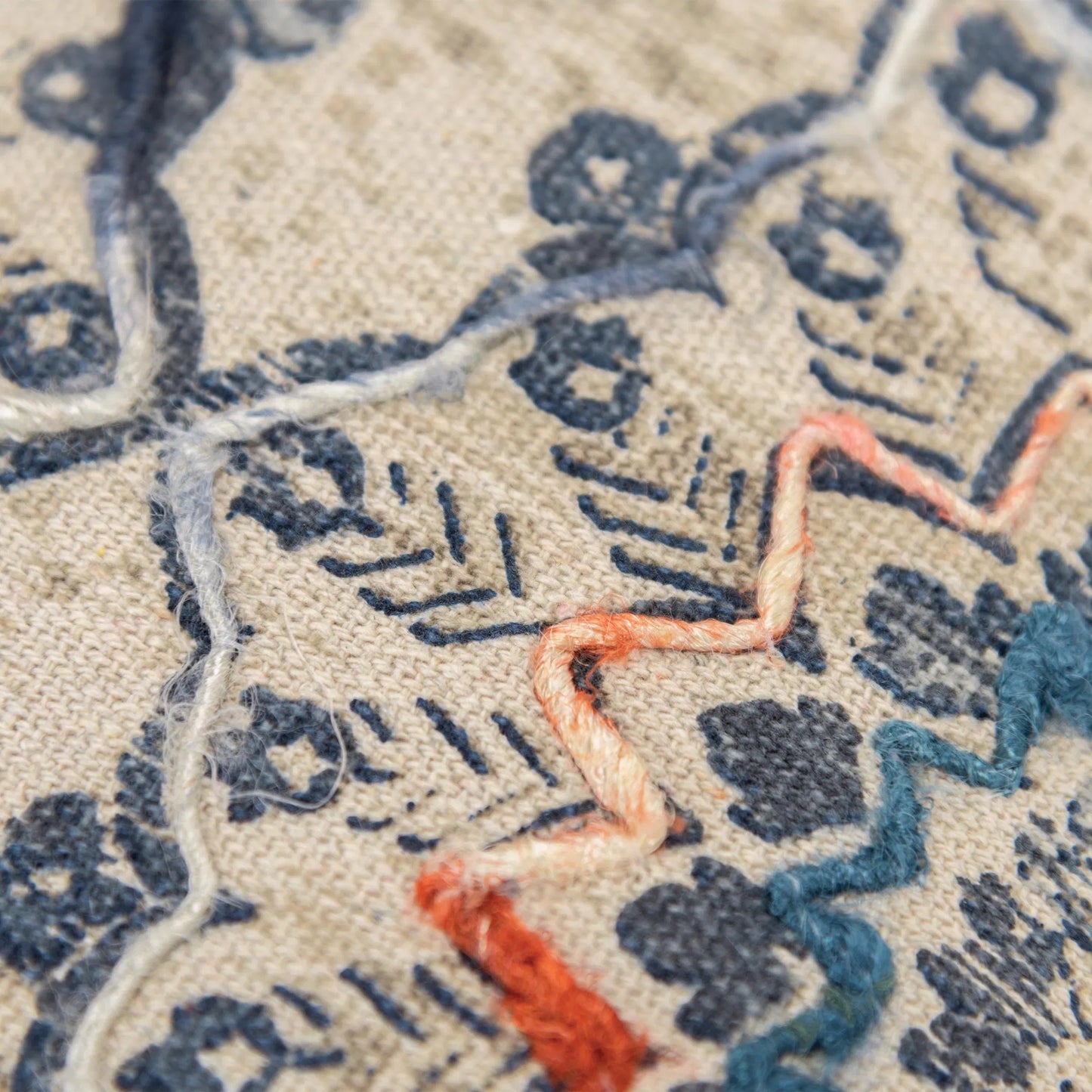 002 SI-2438411 | Closeup | Paola Pillow by HedgeApple Essentials in beige, neutral, rust, blue. Made from cotton, polyester in a traditional style.