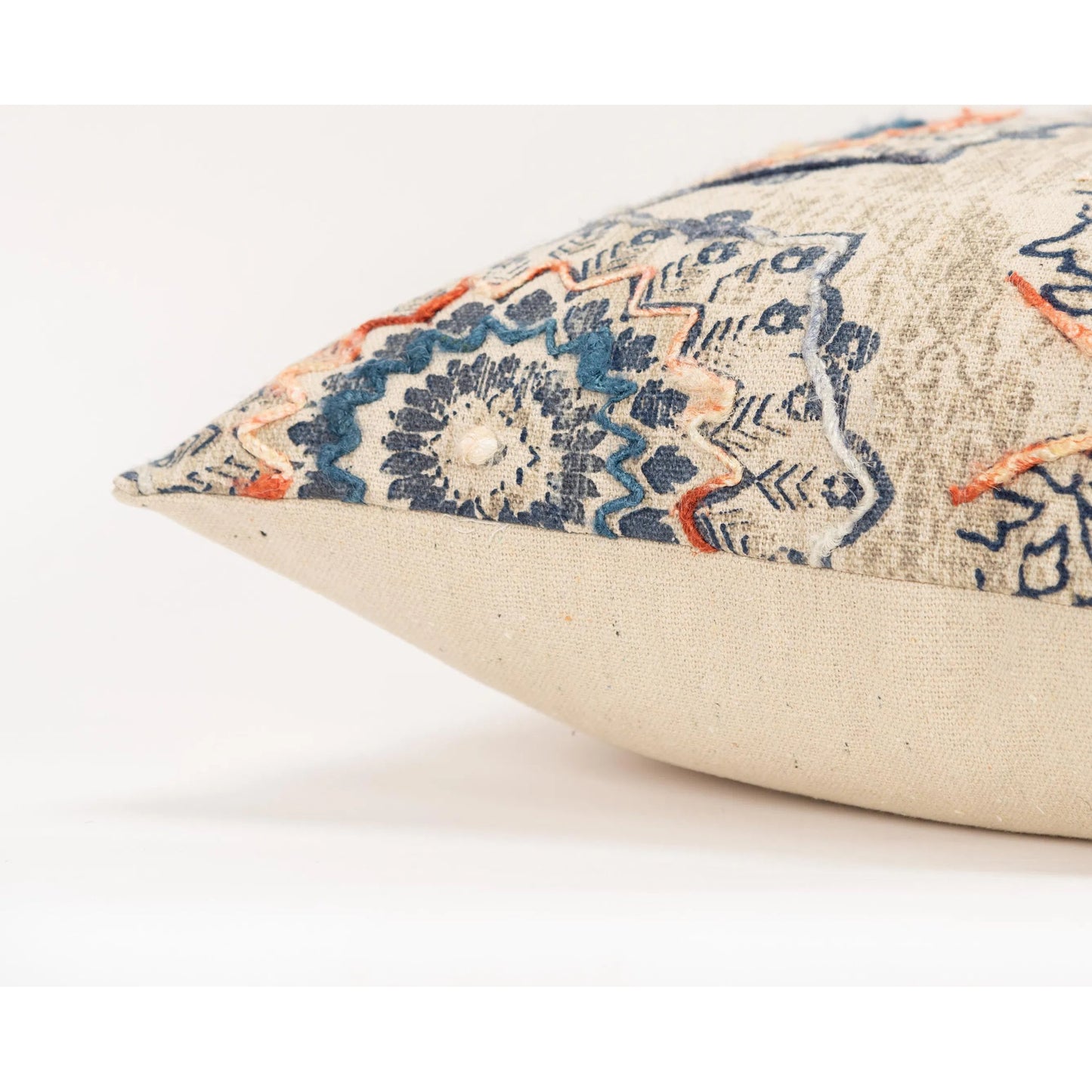 003 SI-2438411 | Closeup | Paola Pillow by HedgeApple Essentials in beige, neutral, rust, blue. Made from cotton, polyester in a traditional style.