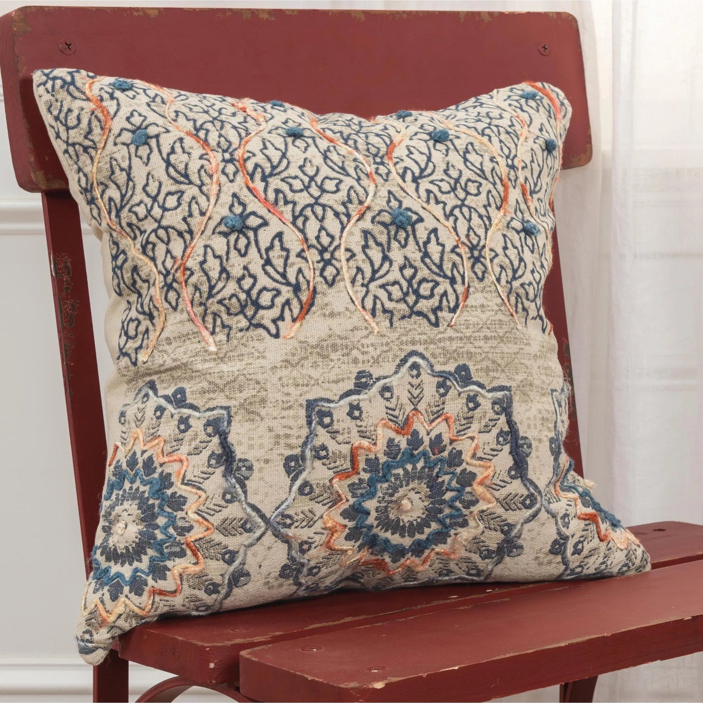 004 SI-2438411 | Lifestyle | Paola Pillow by HedgeApple Essentials in beige, neutral, rust, blue. Made from cotton, polyester in a traditional style.