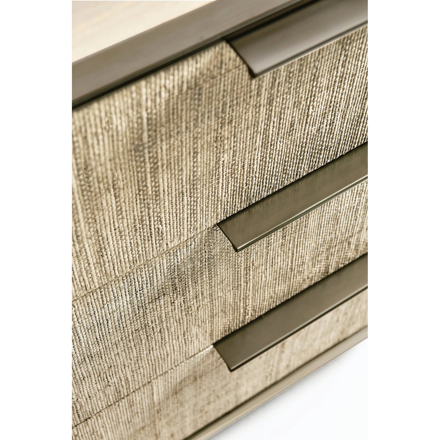 002 SI-2186255 | Closeup | Water Seiche Large Grasscloth Nightstand by Jonathan Charles in whitewash oak. Made from oak, grass cloth, brass in a transitional style.