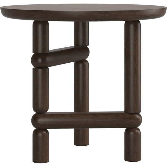Verge Round End Table by A.R.T. Furniture in handcrated walnut. Made from poplar, parawood solids, mirror, metal in a unique style.