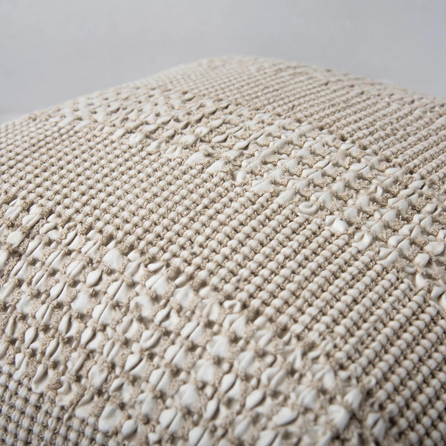 002 SI-2295747,SI-2295940 | Closeup | Archer Pillow by HedgeApple Essentials in dark natural, ivory. Made from cotton woffle in a rustic style.