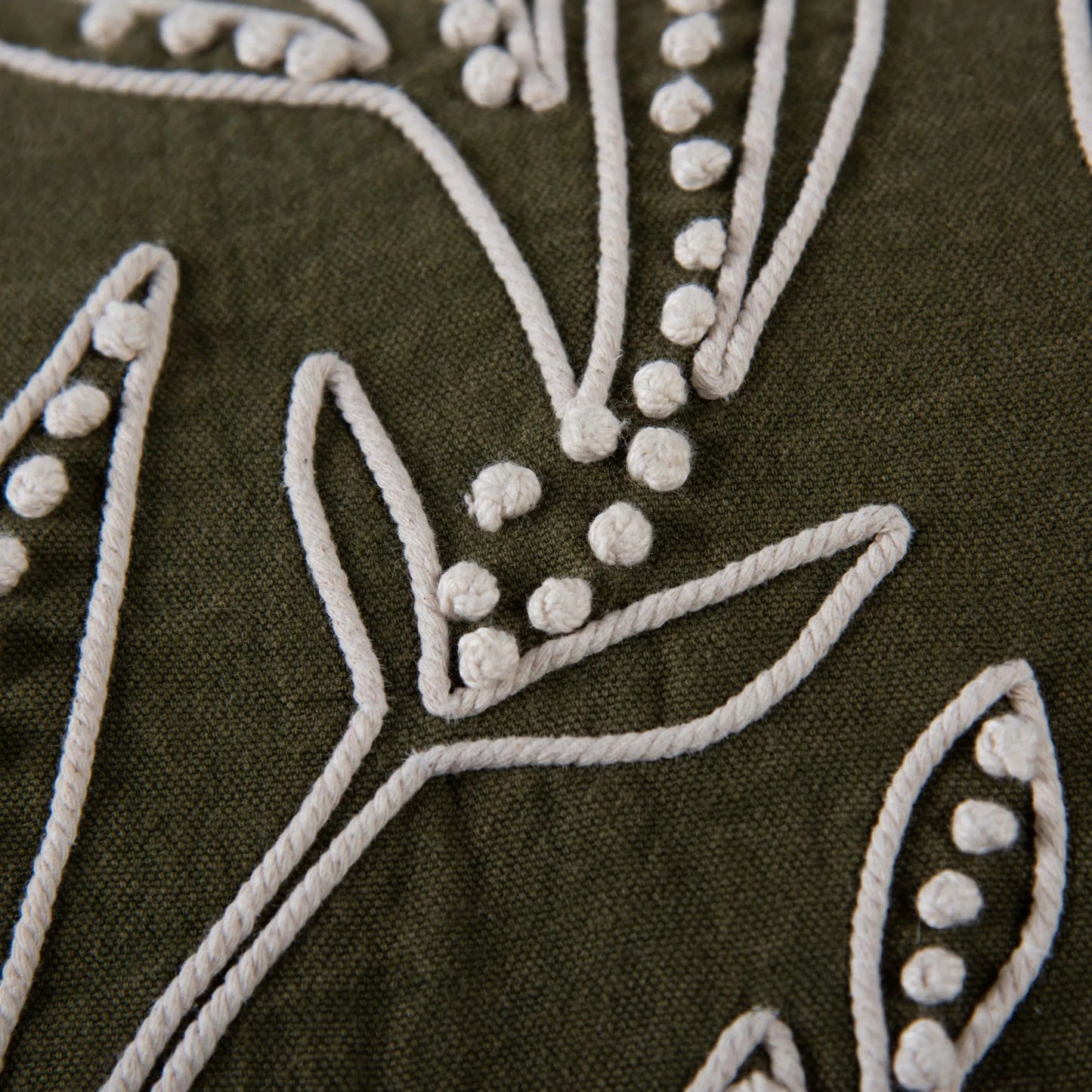 002 SI-2438742,SI-2438743,SI-2438744 | Closeup | Charlevoix Pillow by HedgeApple Essentials in green. Made from polyester, cotton duck in a eclectic & global style.