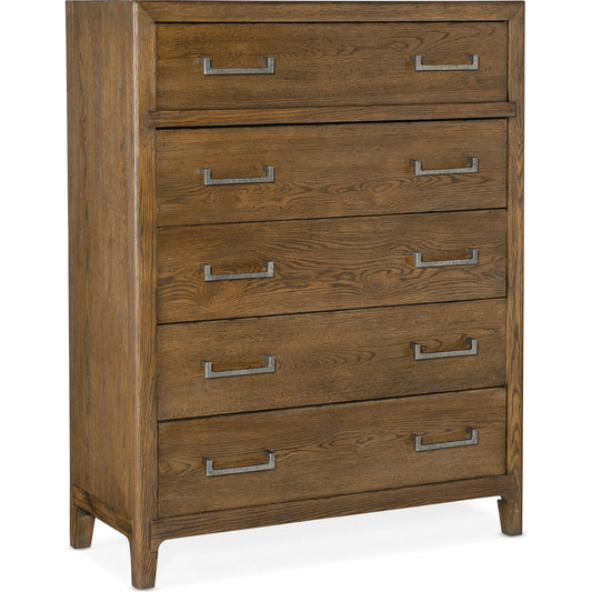 Chapman Five-Drawer Chest by Hooker Furniture in sorrel. Made from white oak veneers in a modern style.