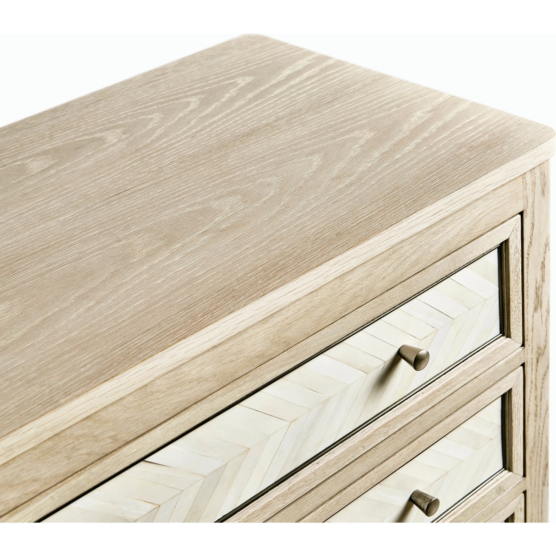 Water Berm Bachelors Chest by Jonathan Charles in bleached oak. Made from oak, faux bone, brass in a transitional style.