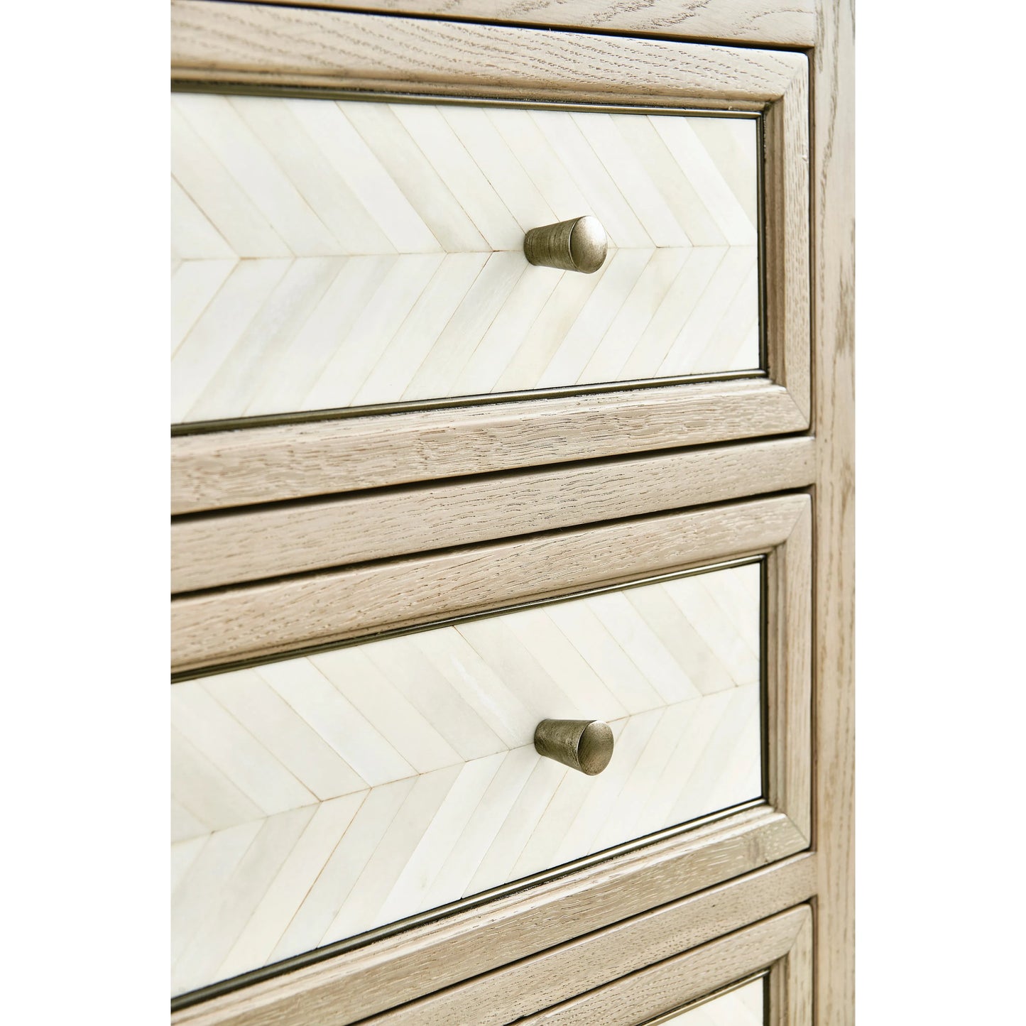 004 SI-2186253 | Closeup | Water Berm Bachelors Chest by Jonathan Charles in bleached oak. Made from oak, faux bone, brass in a transitional style.