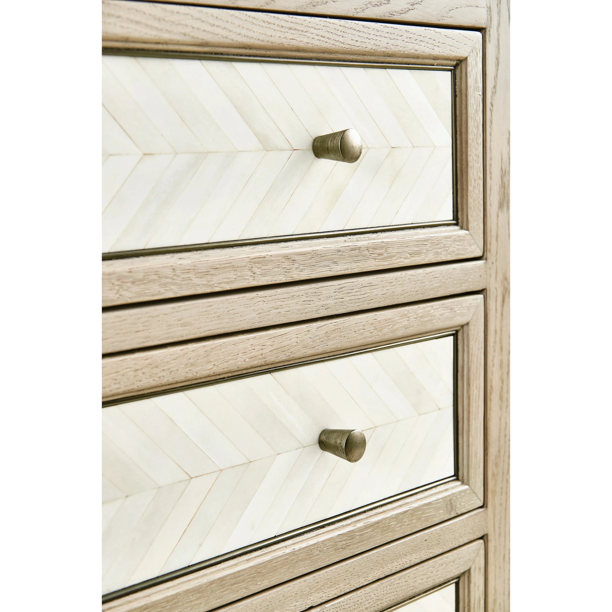 Water Berm Bachelors Chest by Jonathan Charles in bleached oak. Made from oak, faux bone, brass in a transitional style.