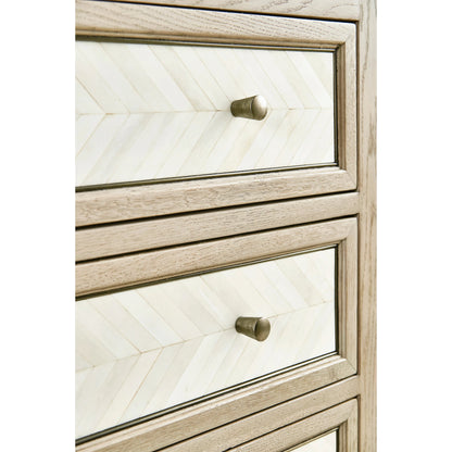 Water Berm Bachelors Chest by Jonathan Charles in bleached oak. Made from oak, faux bone, brass in a transitional style.