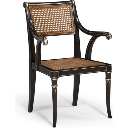 William Yeoward Linden Dining Arm Chair by Jonathan Charles in charcoal wash. Made from acacia, foam, fabric, cane in a traditional style.