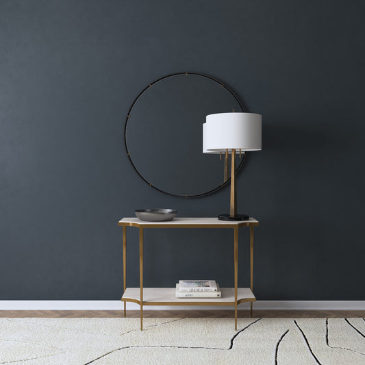 Commerce & Market Console Table by Hooker Furniture in gold. Made from white travertine stone, carbon steel in a transitional style.
