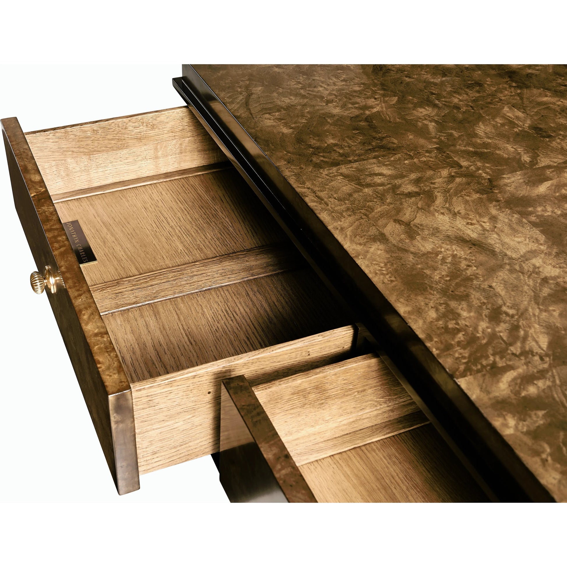 Jacques Bachelors Chest, Brown by Jonathan Charles. Made from solid beech wood, myrtle burl veneers, brass in a modern style.