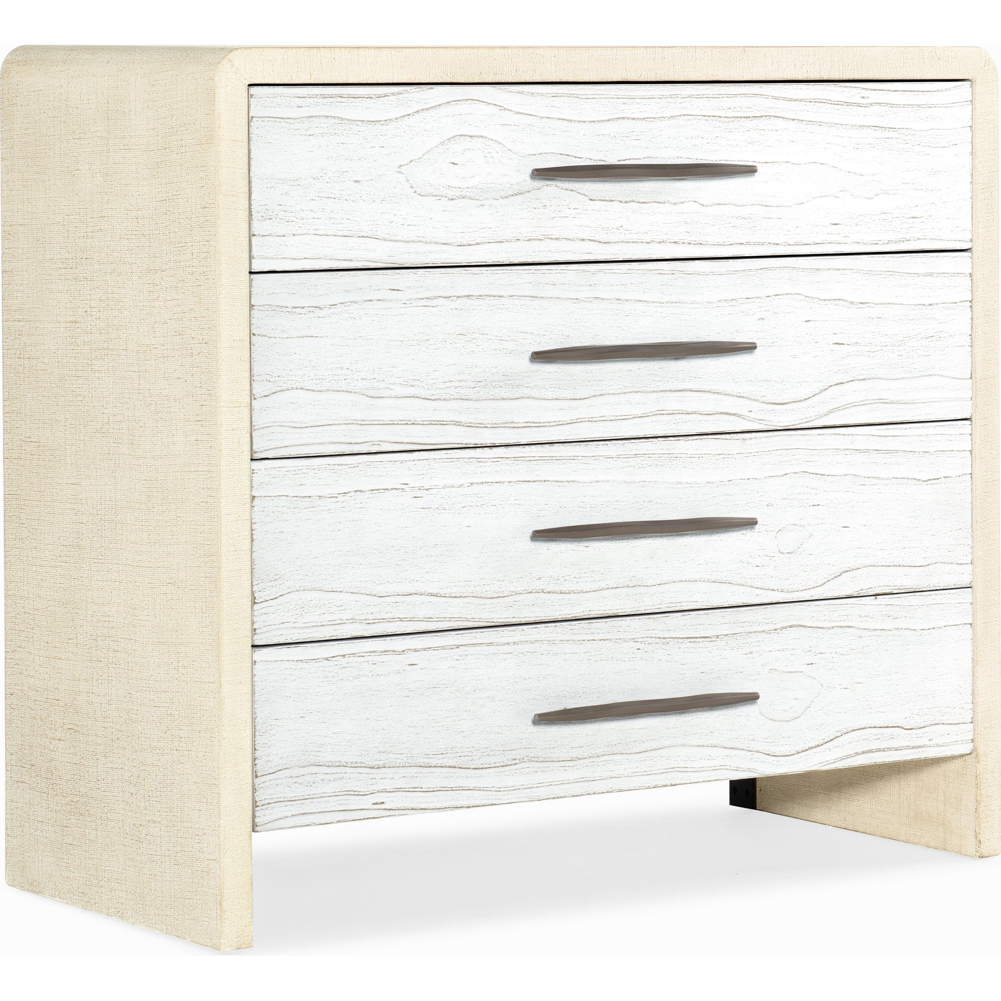 Cascade Bachelor Chest by Hooker Furniture in pebble beach, chalk. Made from cast resin drawer fronts, burlap in a cottage & farmhouse style.