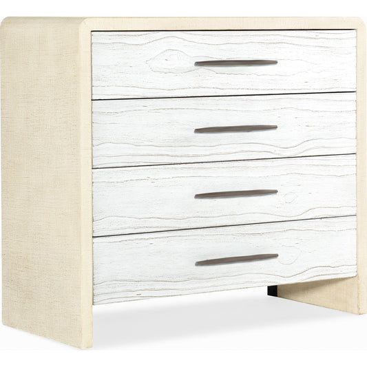 Cascade Bachelor Chest by Hooker Furniture in pebble beach, chalk. Made from cast resin drawer fronts, burlap in a cottage & farmhouse style.
