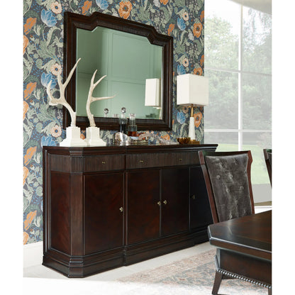 Revival Credenza by A.R.T. Furniture in brown and napa mahogany. Made from rubberwood solids, quarter mahogany veneer, resin, metal in a traditional style.