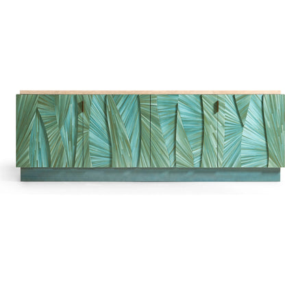 Seaglass Entertainment Console by Jonathan Charles in blue and blue straw. Made from straw, marble, stainless steel, koto veneer in a eclectic & global style.