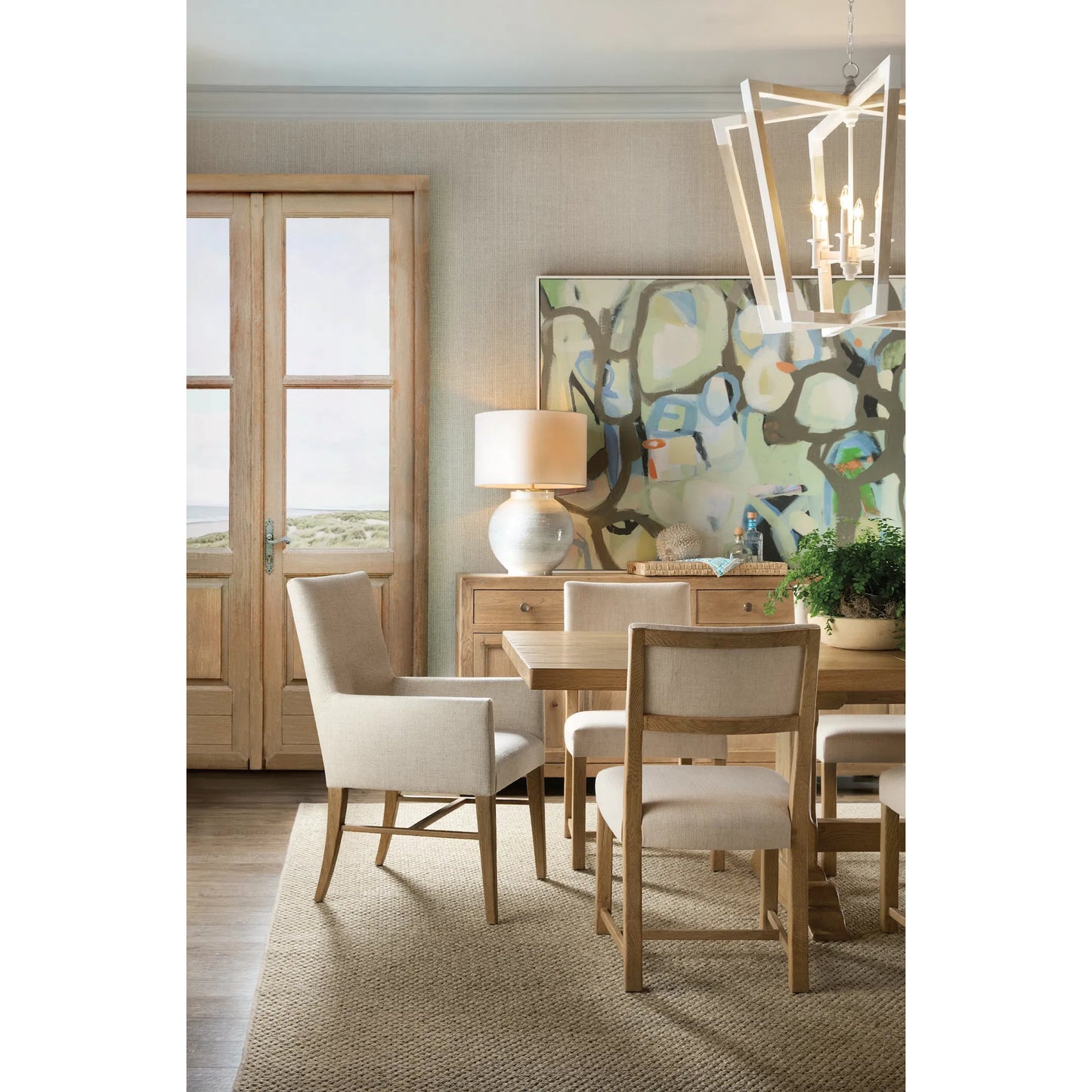 000 SI-2458457 | Lifestyle | Driftwood Upholstered Side Chair by Hooker Furniture in beige. Made from oak solids, fabric in a transitional style.
