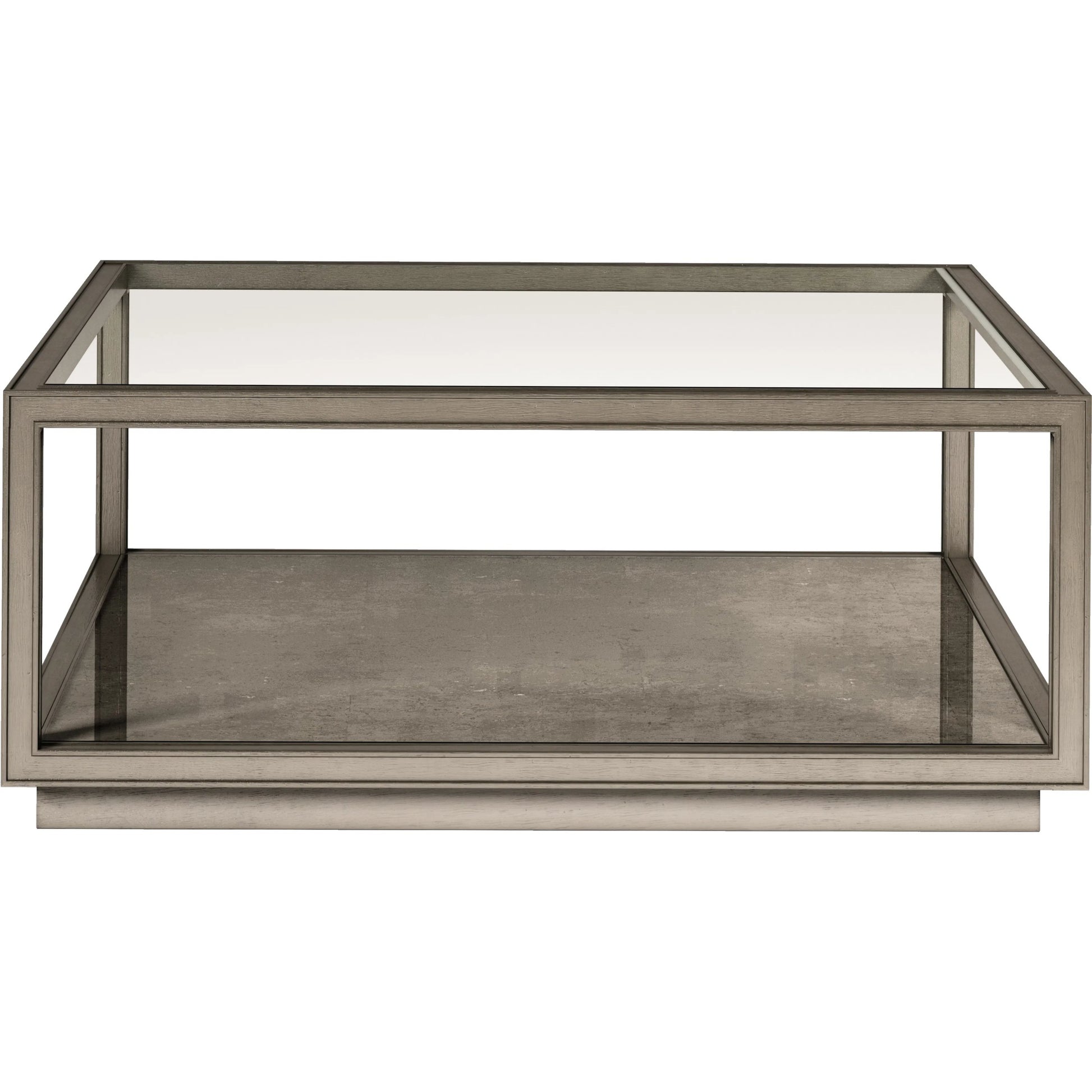 Cove Square Cocktail Table by A.R.T. Furniture in grey and mica. Made from rubberwood solids, primavera veneer, glass, cork in a traditional style.